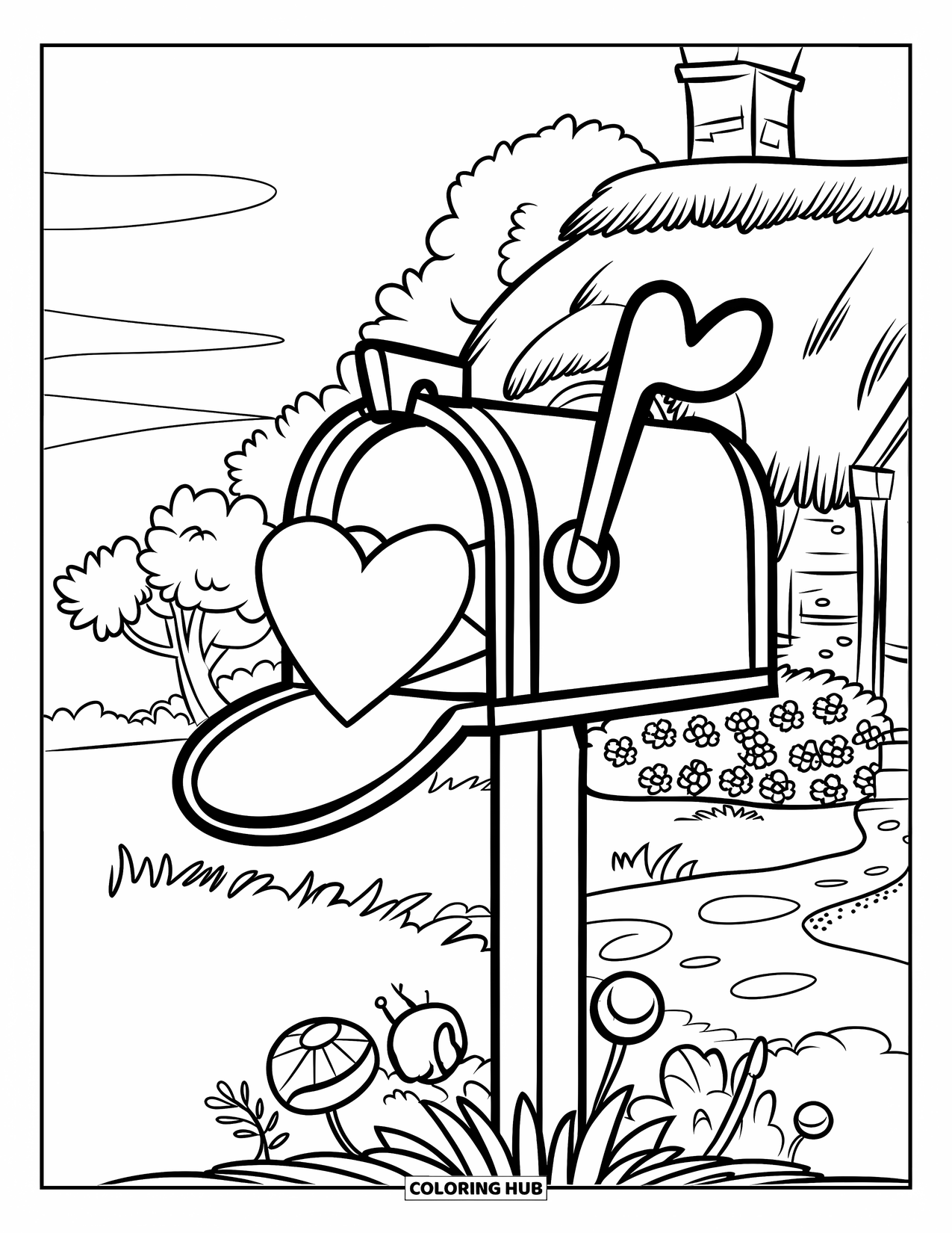 February Coloring Page for Kids: Mailbox with heart letter in front of a cute cottage