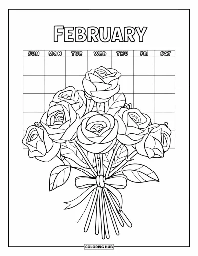 Coloriage de février pour enfants : Roses dans un vase noué d'un ruban à côté d'un calendrier de février