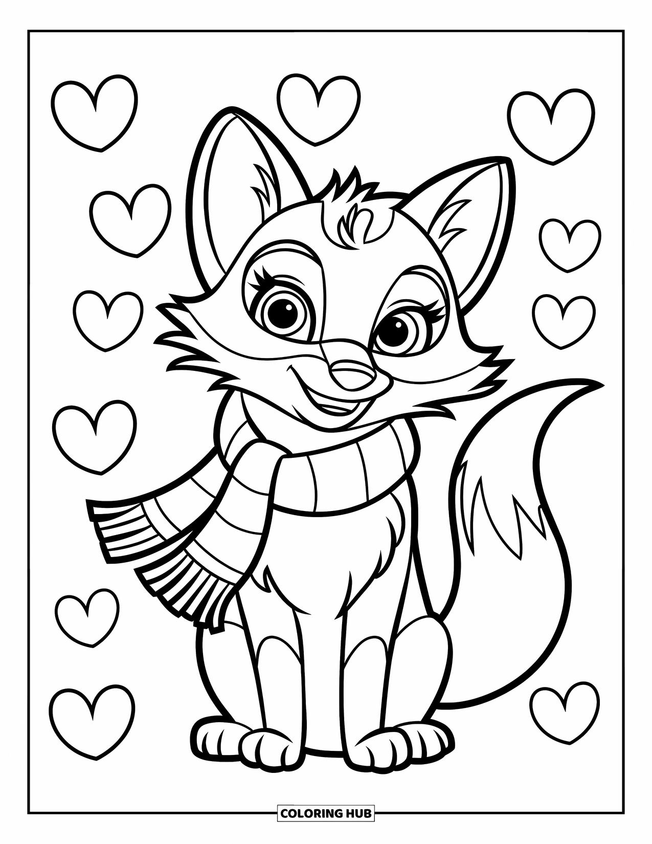 February Coloring Page for Kids: Scarfed fox surrounded by hearts in a snowy scene