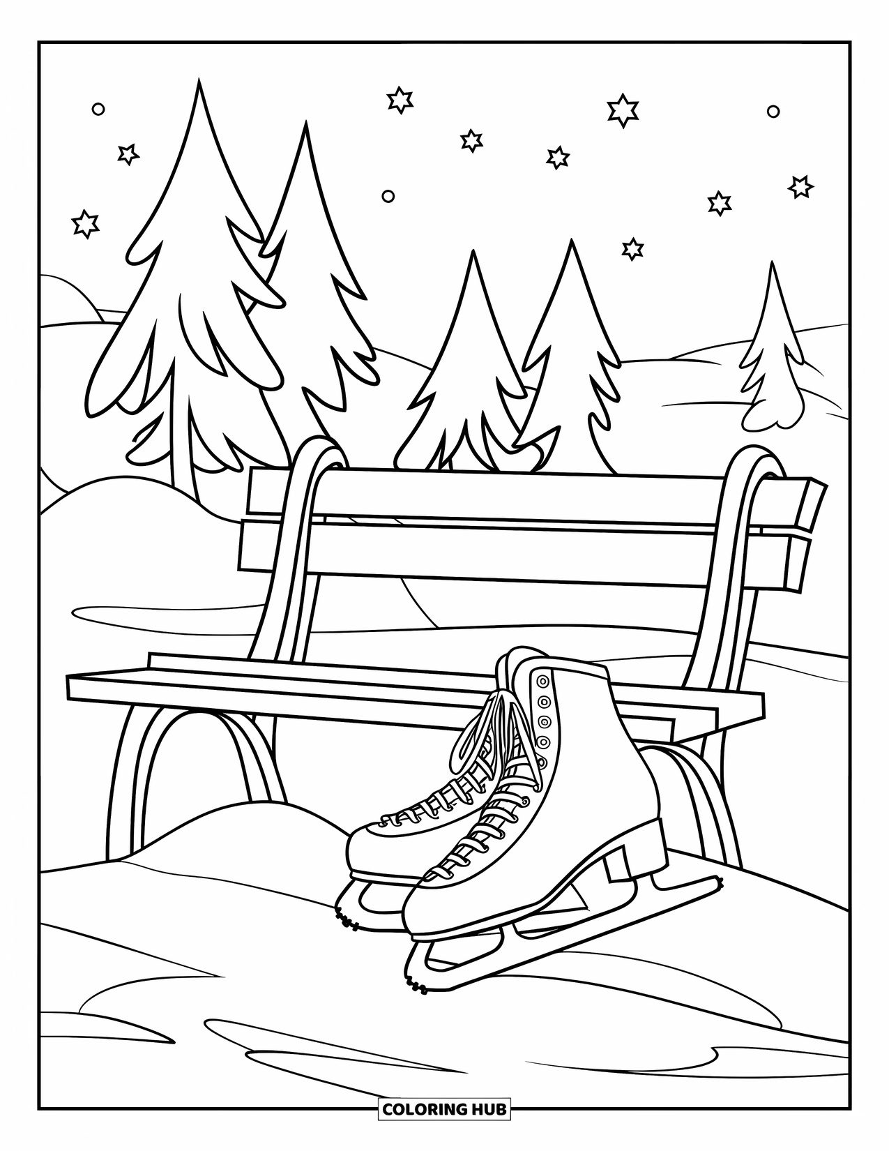 February Coloring Page for Kids: Skates by a snowy bench under starry skies and winter trees