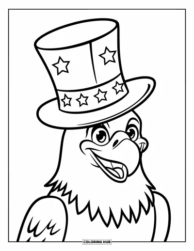 Coloriage de février pour enfants : Aigle chauve souriant à côté d'un chapeau haut-de-forme étoilé