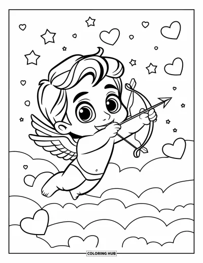 Coloriage de février pour enfants : Cupidon chibi souriant visant un ciel étoilé plein de cœurs