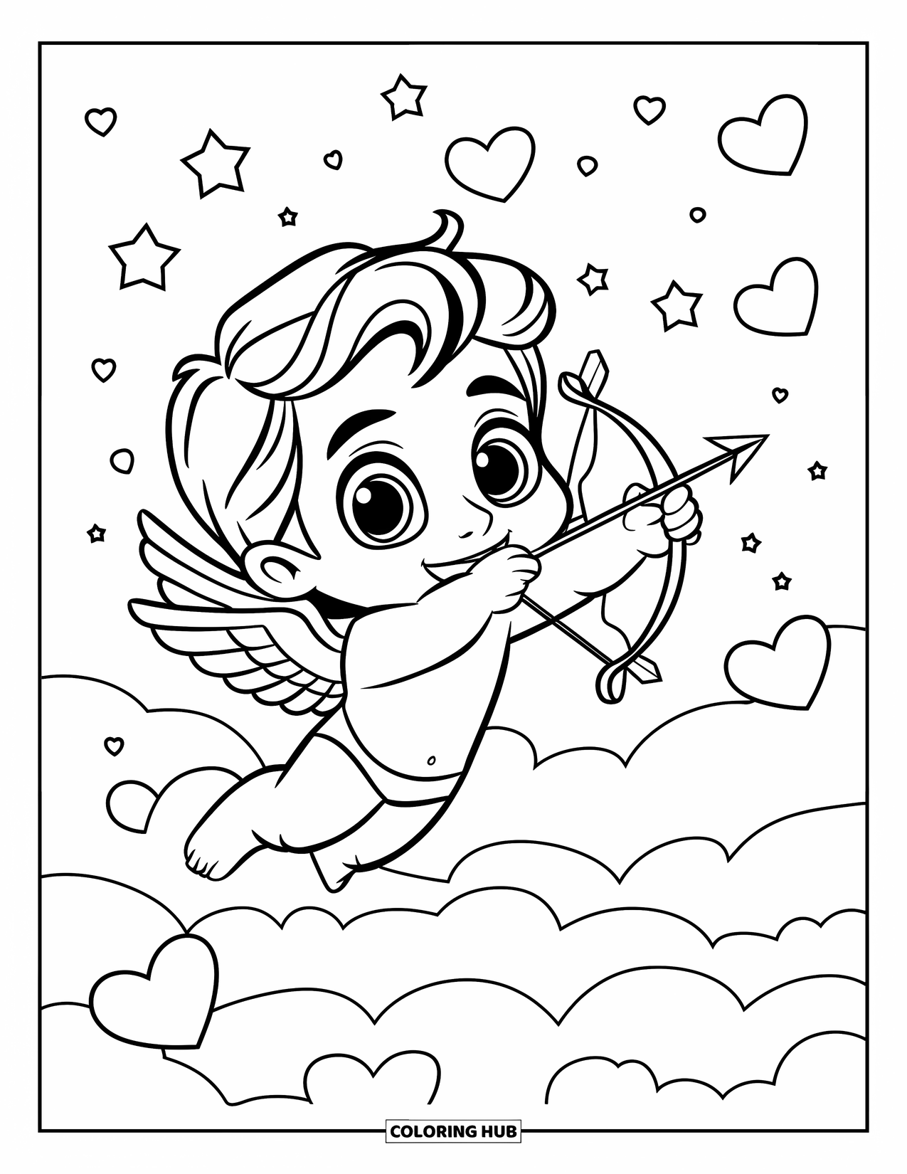 February Coloring Page for Kids: Smiling chibi Cupid aiming toward a heart-filled starry sky