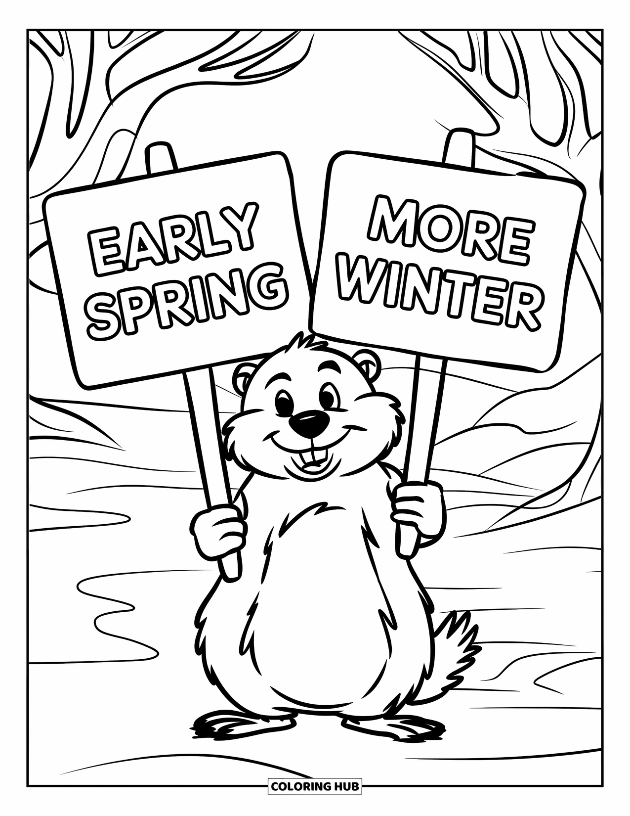 February Coloring Page for Kids: Smiling groundhog choosing between early spring or more winter