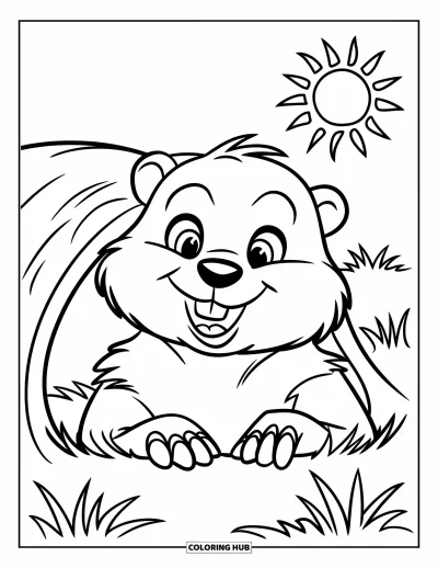 Coloriage de février pour enfants : Marmotte souriante qui émerge de son terrier sous le soleil