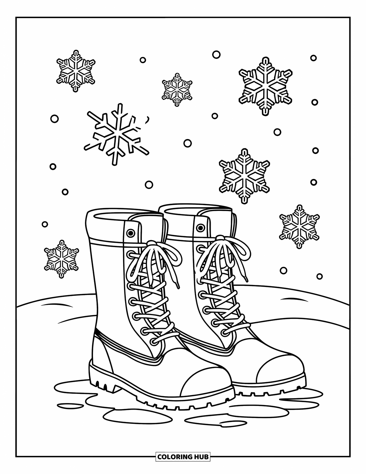 February Coloring Page for Kids: Snow boots standing in snow with snowflakes around them