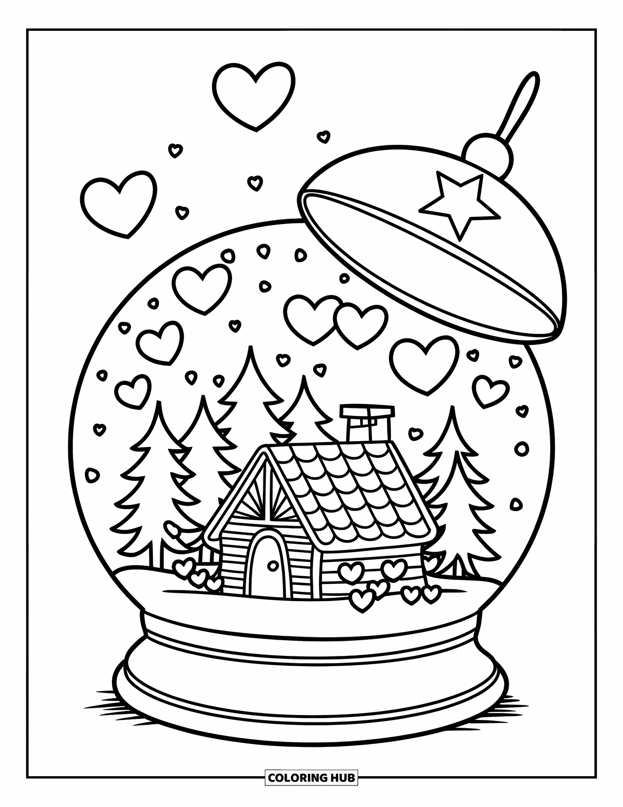 February Coloring Page for Kids: Snow globe with a cabin, pine trees, and floating hearts