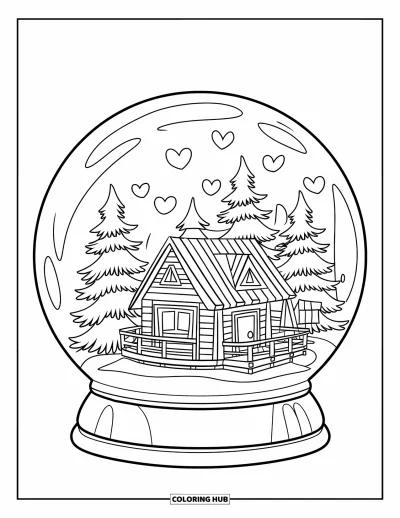 Coloriage de février pour enfants : Boule à neige avec un chalet douillet, des sapins et des cœurs flottants