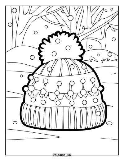 Coloriage de février pour enfants : Bonnet d'hiver à pompons avec des arbres de la forêt en arrière-plan