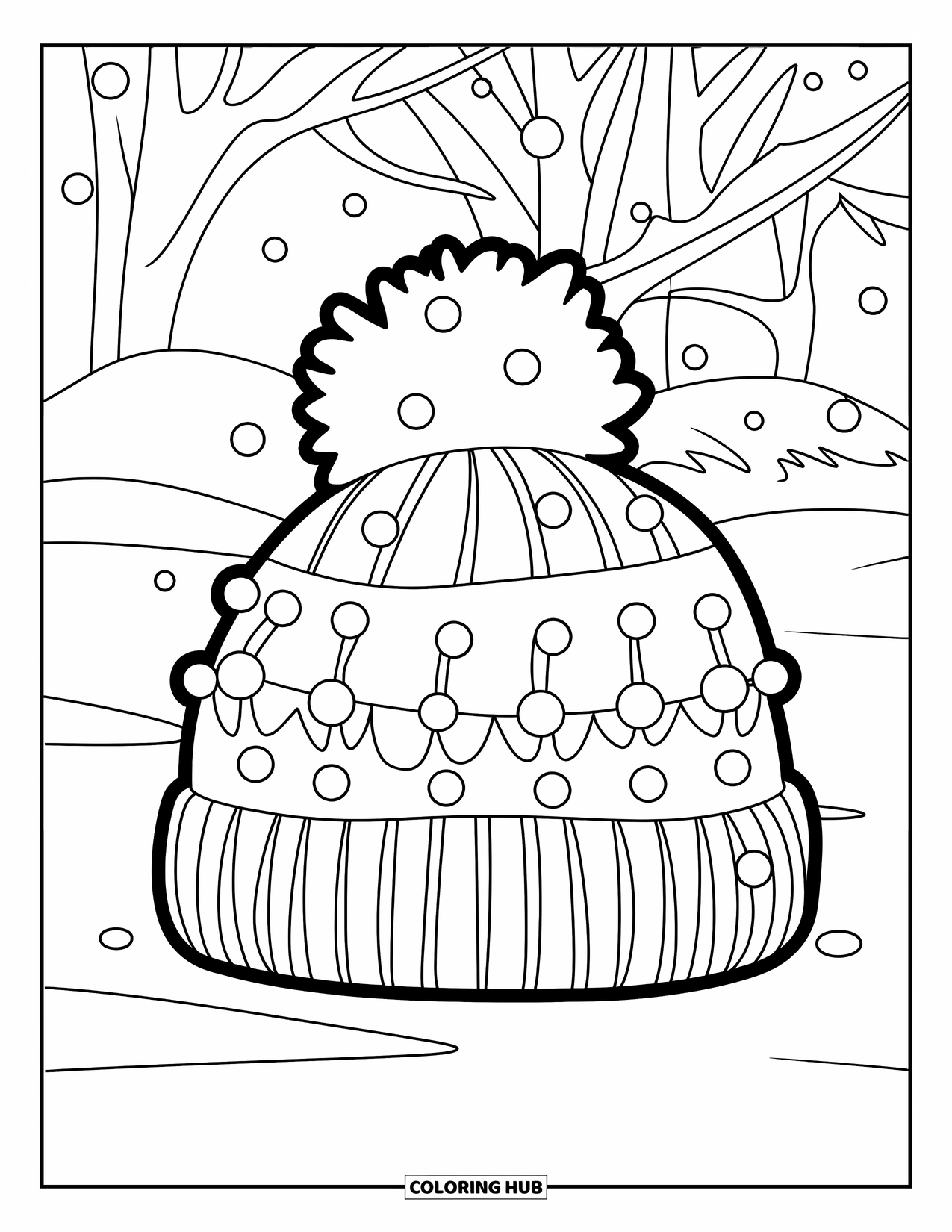 February Coloring Page for Kids: Snowy winter hat with pom-poms and forest trees behind