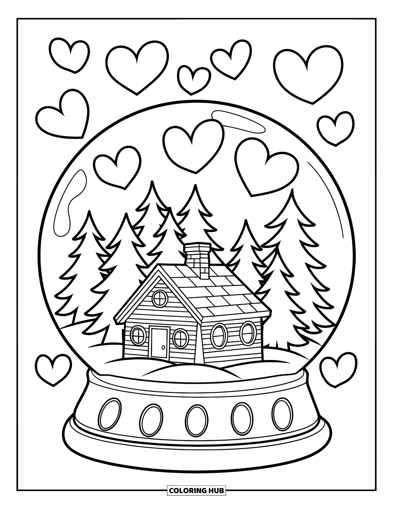 February Coloring Page for Kids: Tall pines, a cabin, and hearts inside a magical snow globe