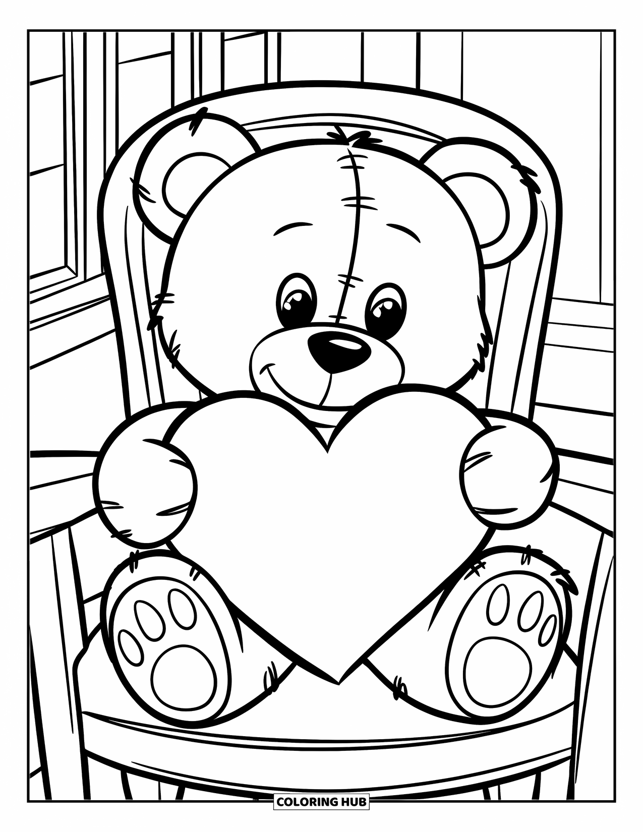 February Coloring Page for Kids: Teddy bear holding a heart while sitting on a chair