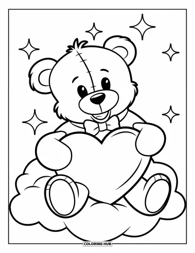 Coloriage de février pour enfants : Ours en peluche tenant un cœur assis sur un nuage
