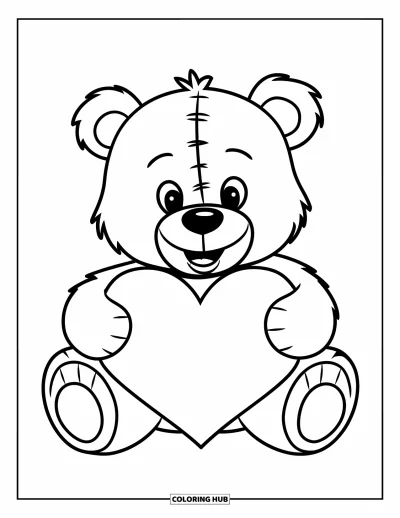 Coloriage de février pour enfants : Ours en peluche avec un cœur et une pièce rouge cousue