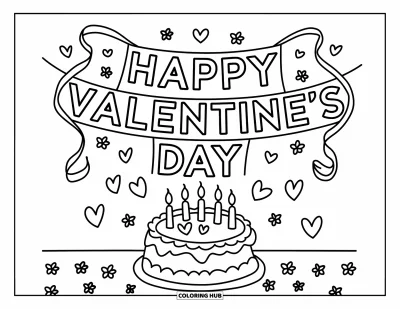 Coloriage de février pour enfants : Banderole de Saint-Valentin au-dessus d'un gâteau en forme de cœur avec des serpentins et des détails sucrés
