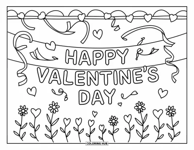 Coloriage de février pour enfants : Banderole de Saint-Valentin avec des serpentins et des cœurs suspendus pour un air de fête