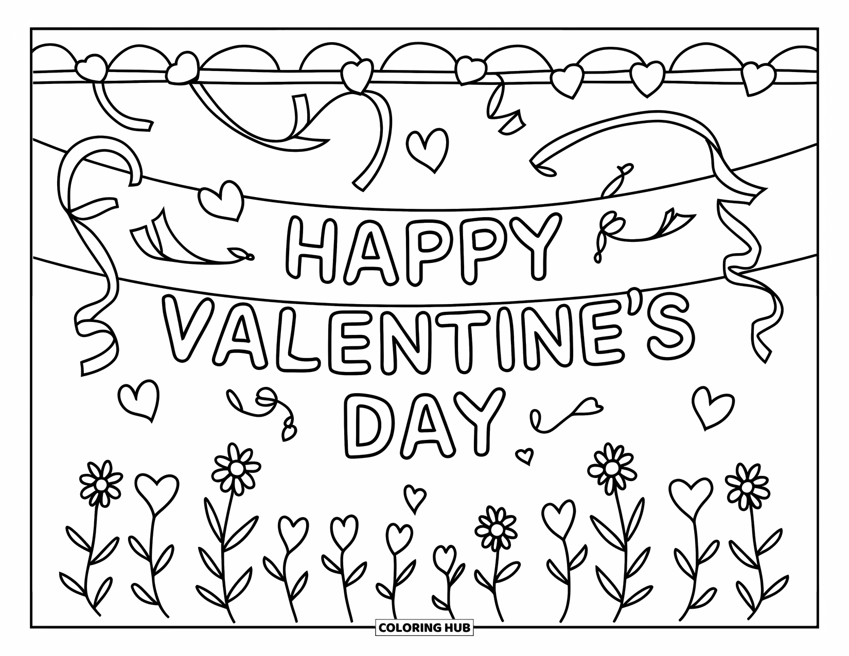 February Coloring Page for Kids: Valentine's banner with streamers and hanging hearts for a festive look