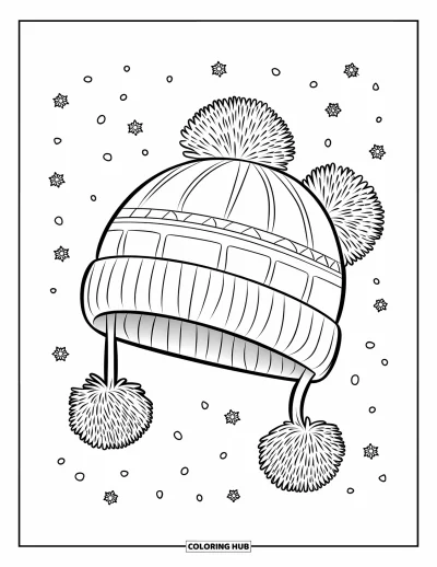 Coloriage de février pour enfants : Bonnet d'hiver à pompons sous la neige qui tombe