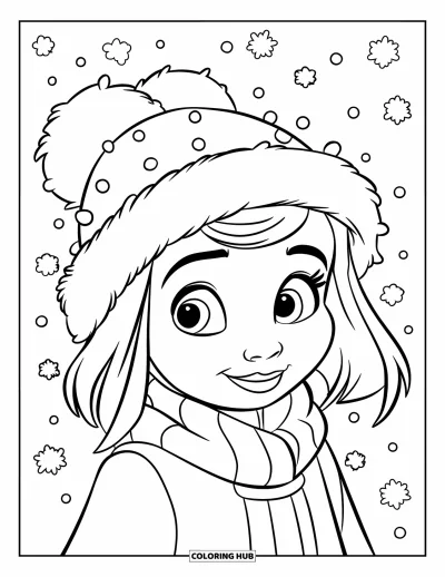 Coloriage de février pour enfants : Bonnet d'hiver à pompons entouré de flocons de neige