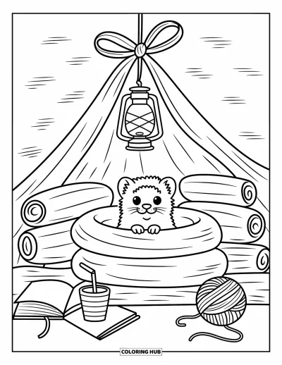 Desenho de furão para colorir para adultos: Um furão curioso espiando de uma cabana de cobertores cheia de livros e almofadas macias
