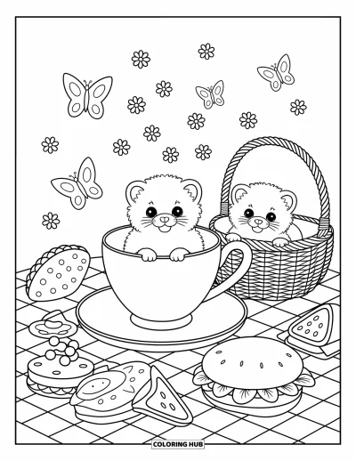 Desenho de furão para colorir para adultos: Um furão relaxando dentro de uma xícara de chá enquanto outro espia de trás de um sanduíche num piquenique