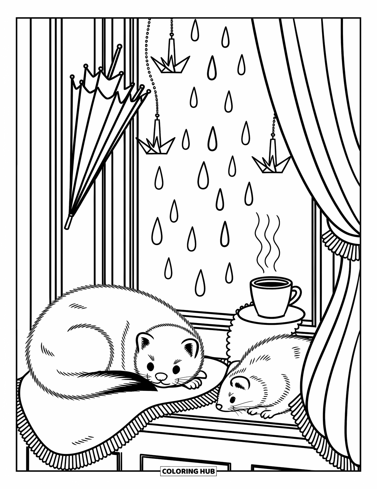 Ferret Coloring Page for Adults: A ferret naps in blankets while another gazes at the rain through a cozy window