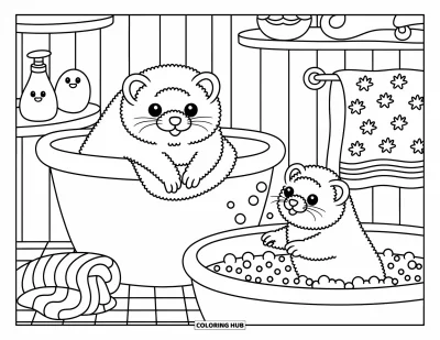 Desenho de furão para colorir para adultos: Um furão fofo secando com uma toalha enquanto outro espirra na água de um banho de espuma