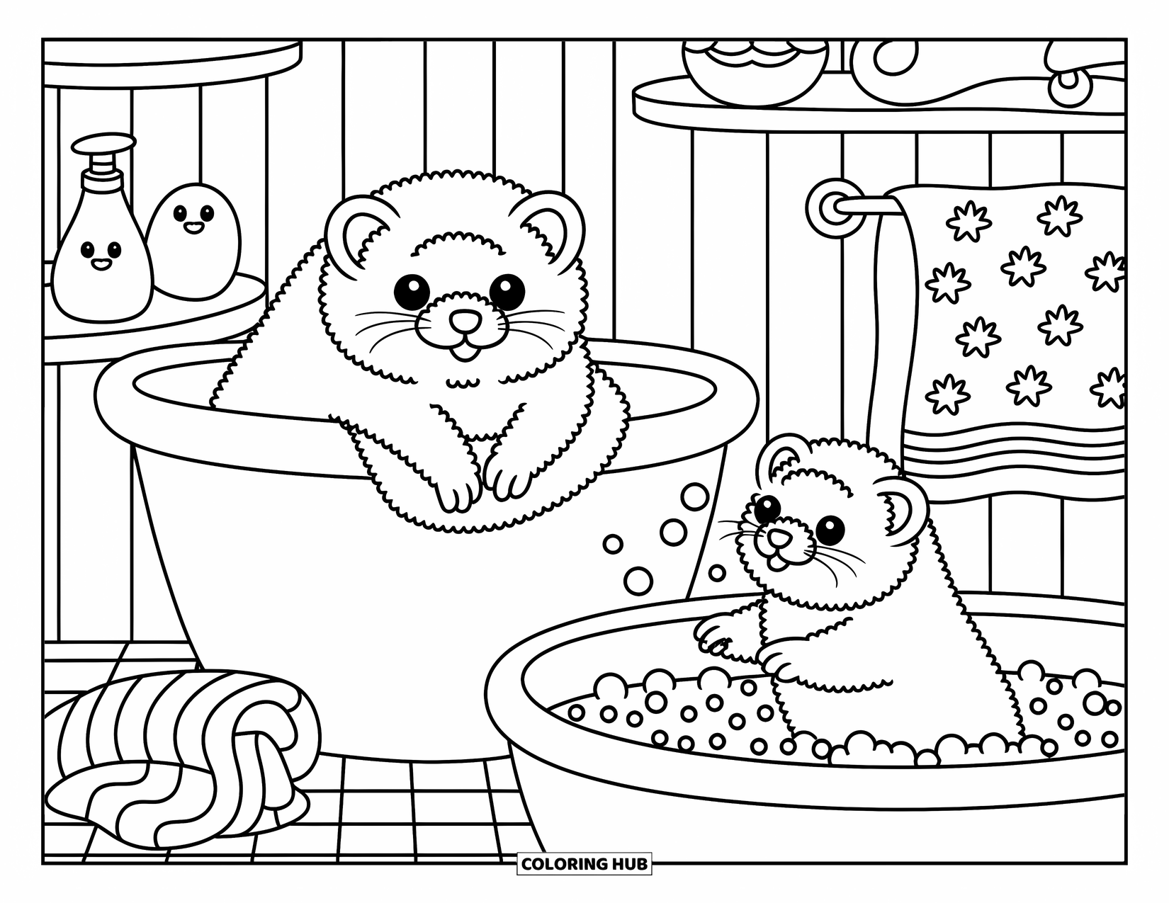 Ferret Coloring Page for Adults: A fluffy ferret dries off in a towel while another splashes in bubbly bath water