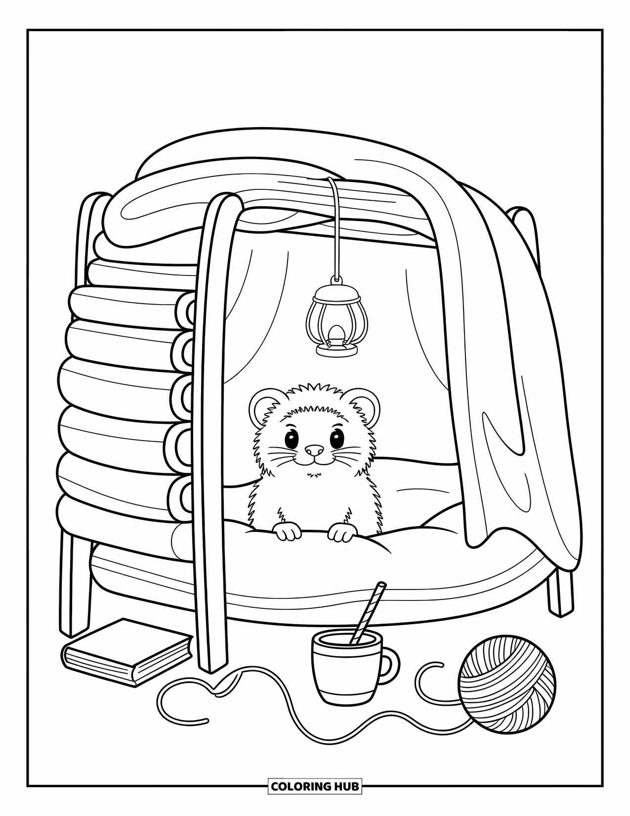 Ferret Coloring Page for Adults: A playful ferret peeks out from a fort of blankets, pillows, and a tiny lantern