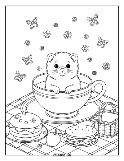 Desenho de furão para colorir para adultos: Furões curiosos aproveitando um piquenique acolhedor com doces, frutas e borboletas esvoaçando