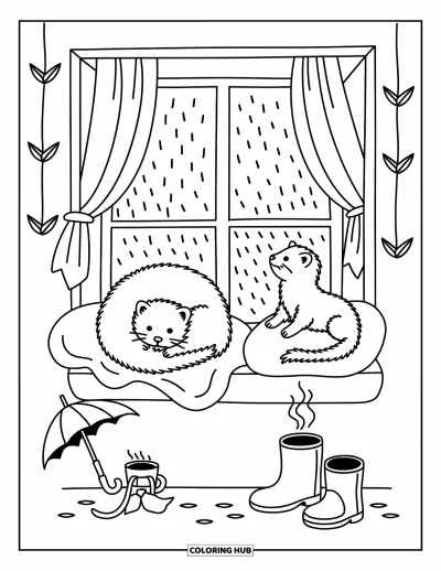 Desenho de furão para colorir para adultos: Furões enrolados curtindo um dia chuvoso na janela com chá quente e tsurus de papel