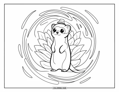 Desenho de furão para colorir para adultos: Furão fofo com chapeuzinho cercado por uma mandala de lótus em redemoinhos