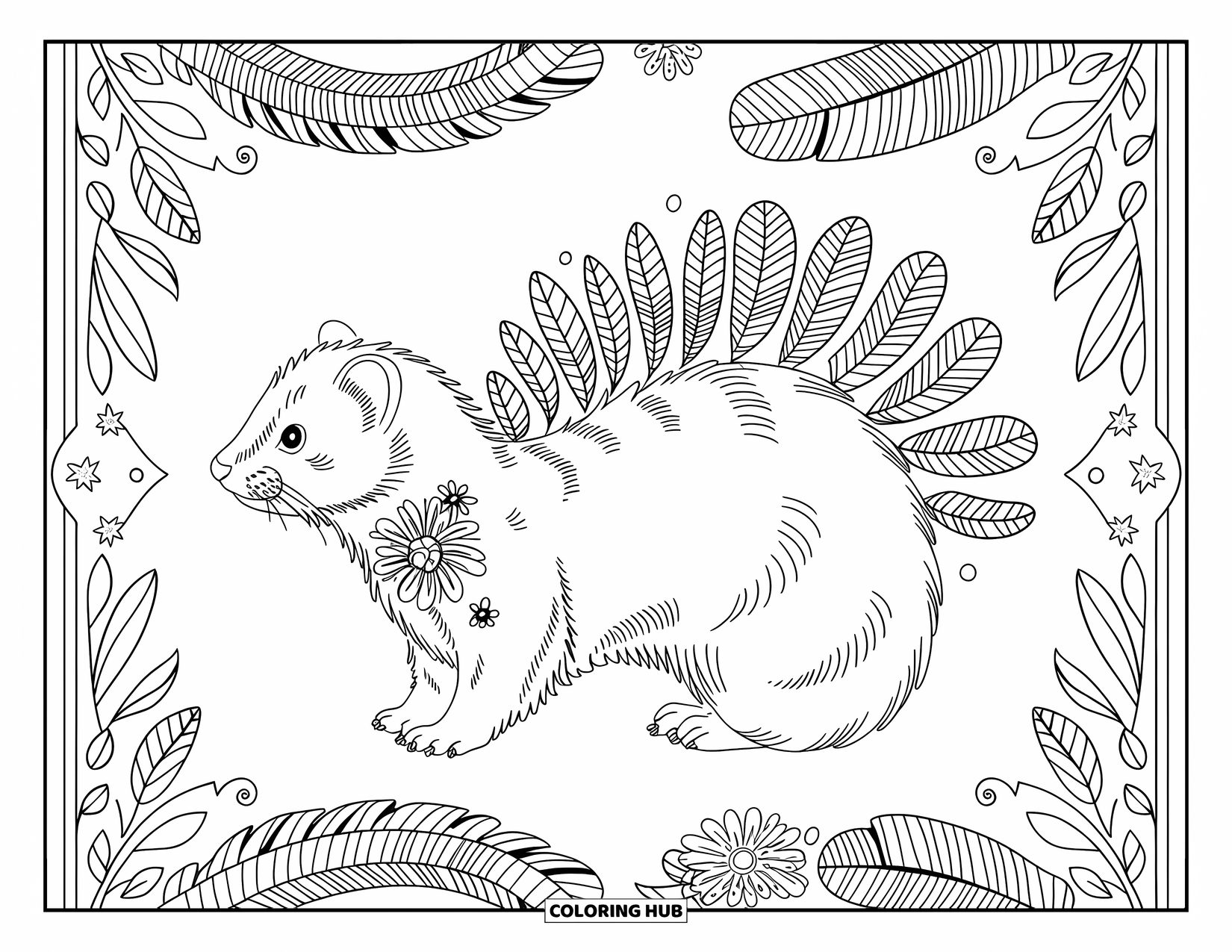 Ferret Coloring Page for Adults: Decorative ferret with feathers and floral vines framed by detailed patterned borders