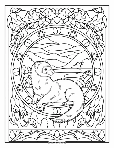 Desenho de furão para colorir para adultos: Furão no parapeito de uma janela cercado por uma cena de vitral com montanhas e flores