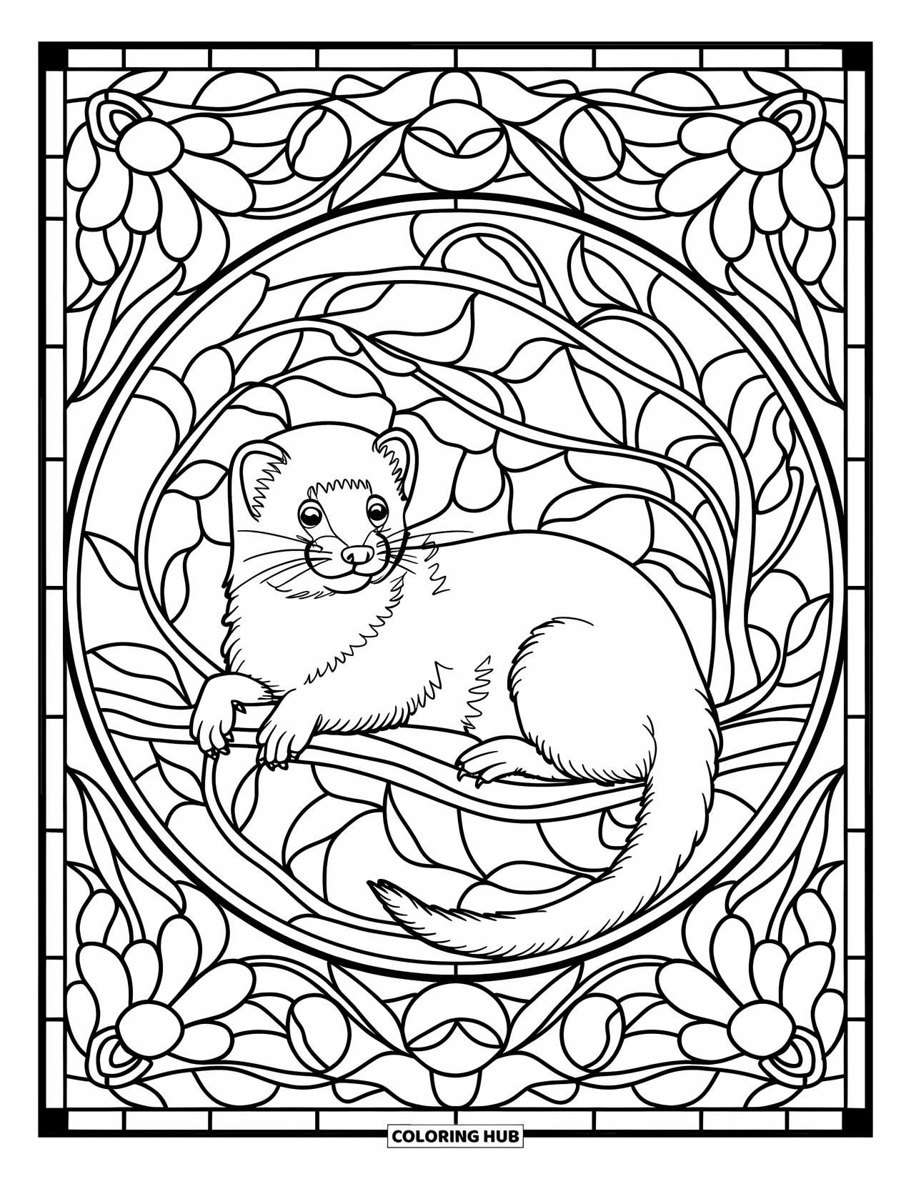 Ferret Coloring Page for Adults: Ferret rests on a branch within a leafy floral stained glass circle