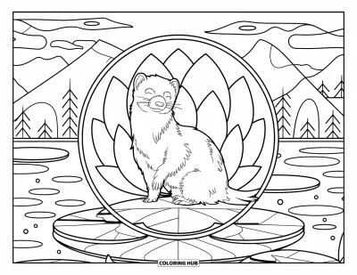 Desenho de furão para colorir para adultos: Furão sobre uma folha de vitória-régia cercado de pétalas de lótus e natureza tranquila
