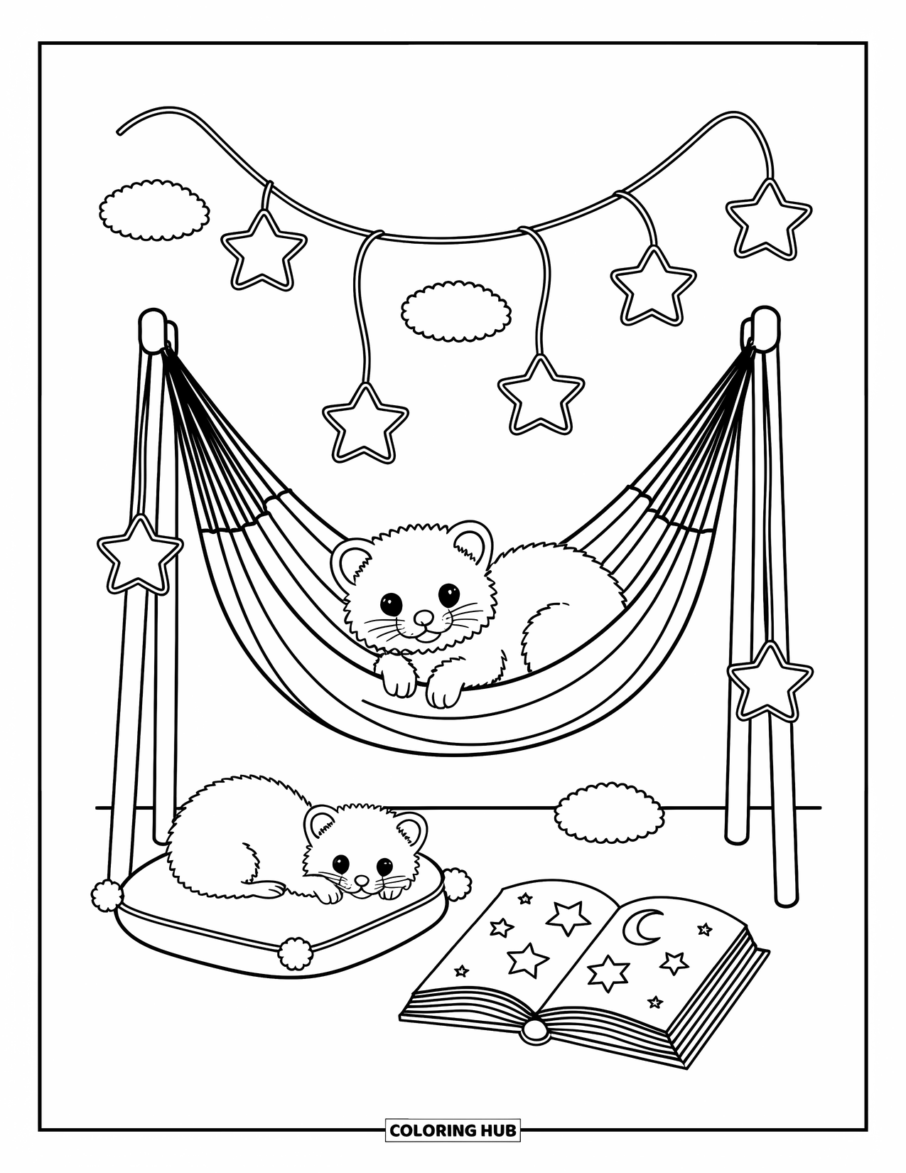 Ferret Coloring Page for Adults: Ferrets enjoy a calm moment with cozy lights, a hammock, and a book of stars