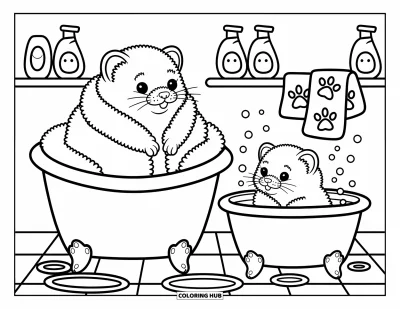 Desenho de furão para colorir para adultos: Furões aproveitando a hora do banho com bolhas, frascos de shampoo em forma de peixe e toalhas fofas