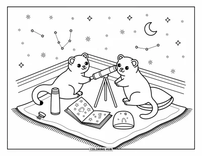 Desenho de furão para colorir para adultos: Furões observando as estrelas no terraço com telescópio, almofadas confortáveis e um caderno cheio de rabiscos