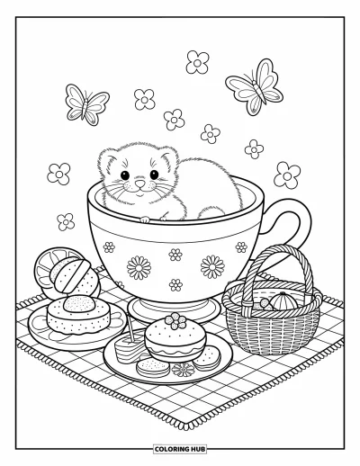 Desenho de furão para colorir para adultos: Furões num piquenique mágico com doces, frutas e um deles escondido atrás de um sanduíche