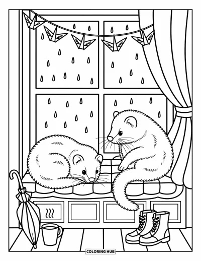 Desenho de furão para colorir para adultos: Furões relaxando perto da janela enquanto a chuva cai, com tsurus de papel e chá quentinho por perto