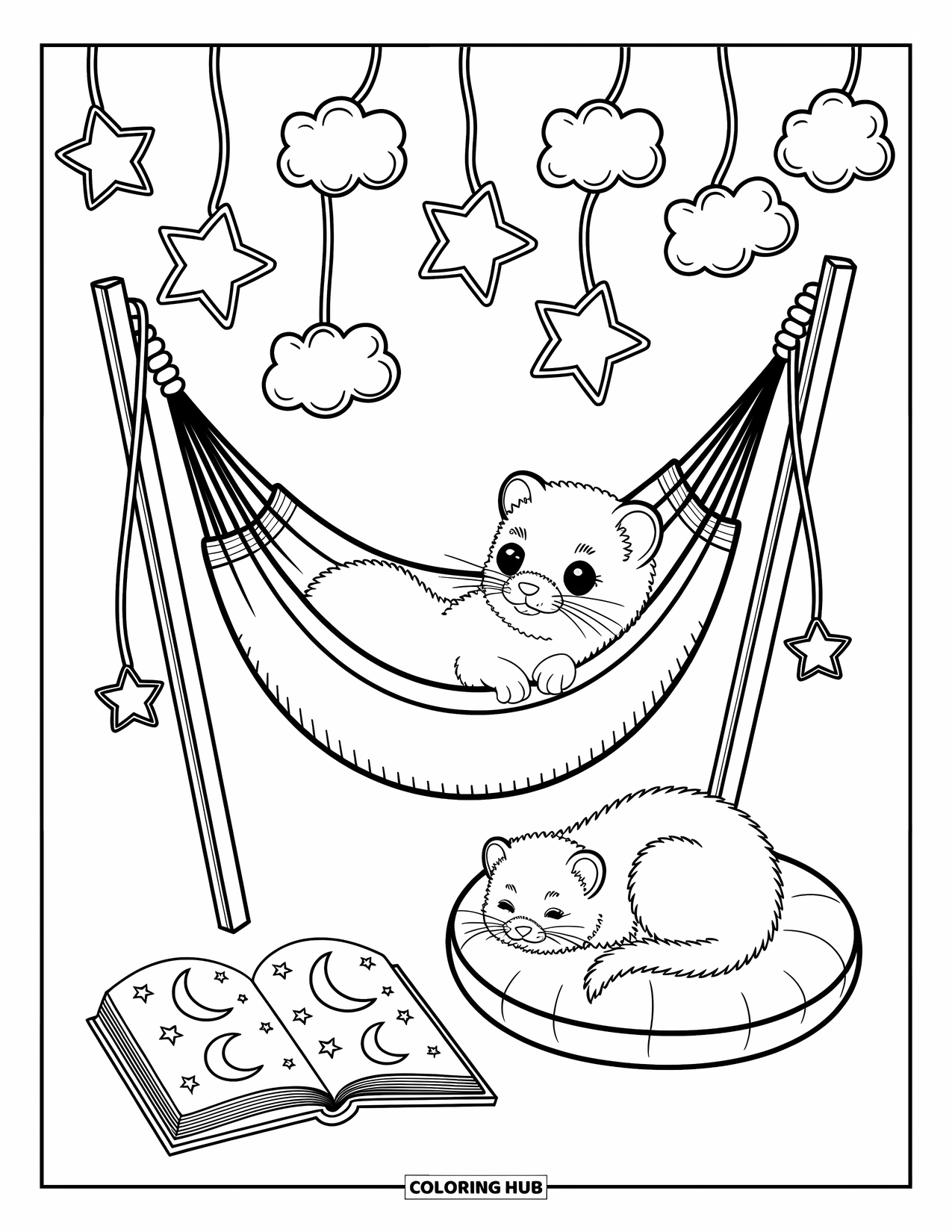 Ferret Coloring Page for Adults: Ferrets rest under twinkling string lights, one in a hammock and one beside a celestial book