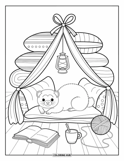 Desenho de furão para colorir para adultos: Dentro de uma cabana de cobertores, um furão relaxa com um livro, novelo de lã e uma lanterna brilhante