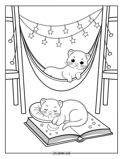 Desenho de furão para colorir para adultos: Um furão cochilando numa rede enquanto outro descansa ao lado de um livro estrelado aberto