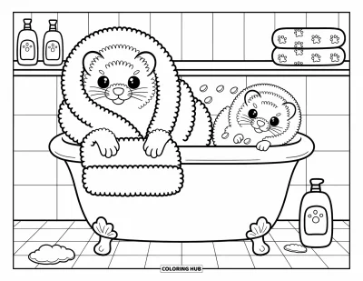 Desenho de furão para colorir para adultos: Um furão se sacudindo enquanto outro fica quentinho enrolado numa toalha após um banho de espuma