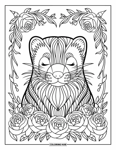 Desenho de furão para colorir para adultos: Rosto de furão tranquilo rodeado de rosas floridas e vinhas entrelaçadas