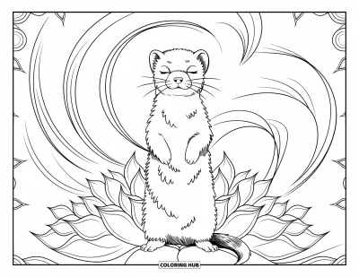 Desenho de furão para colorir para adultos: Furão tranquilo de olhos fechados rodeado por pétalas de lótus em redemoinhos num desenho de mandala