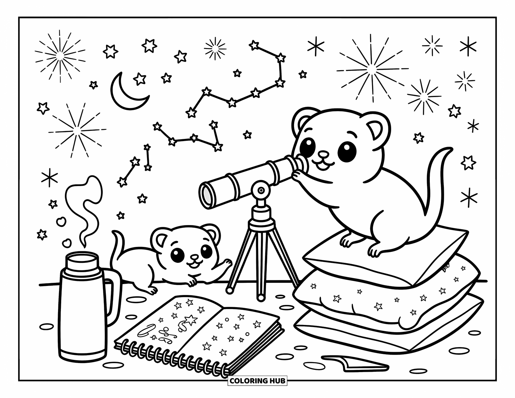 Ferret Coloring Page for Adults: Playful ferrets stargaze from a rooftop blanket nest with pillows and a tiny telescope