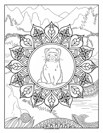 Desenho de furão para colorir para adultos: Furão realista sentado numa pedra emoldurado por uma mandala floral e paisagem serena