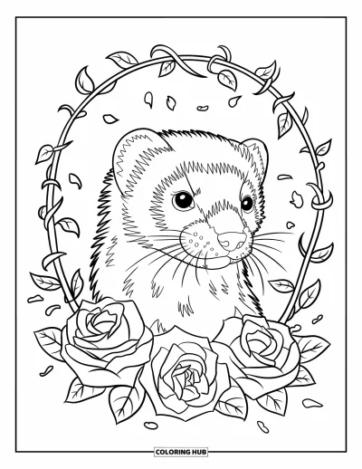 Desenho de furão para colorir para adultos: Perfil do rosto de um furão com espinhos e rosas completas entrelaçadas ao redor da cabeça